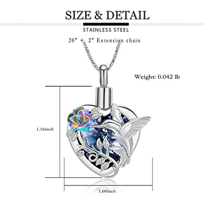 Yinplsmemory Hummingbird Cremation Jewelry Crystal Heart Urn Ashes Necklace for Women Men Memorial Keepsake Necklace of Loved One - color: Purple-Rainbow