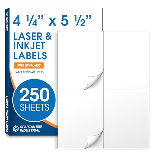4.25" X 5.5" Matte White Printable Shipping Labels | (250 Sheets, 1000 Stickers) Large Address and Mailing Labels for Laser & Inkjet Printers - Spartan Industrial Template R023 - style: 1000 Labels
