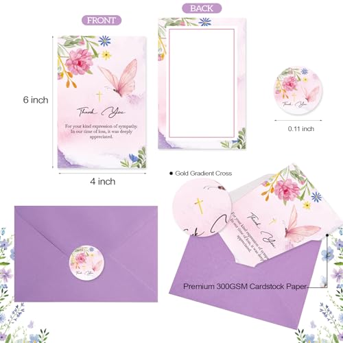 Funeral Thank You Cards, 24 Pack, Watercolor Floral with Gold Cross, 4x6 in | 300g card stock, no bleed-through, 24 cards with envelopes and stickers, pre-printed messages, for Memorial Service Gratitude