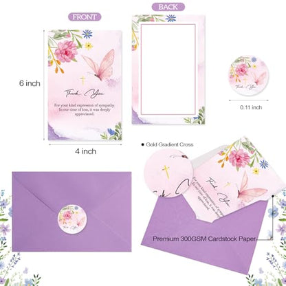 Funeral Thank You Cards, 24 Pack, Watercolor Floral with Gold Cross, 4x6 in | 300g card stock, no bleed-through, 24 cards with envelopes and stickers, pre-printed messages, for Memorial Service Gratitude