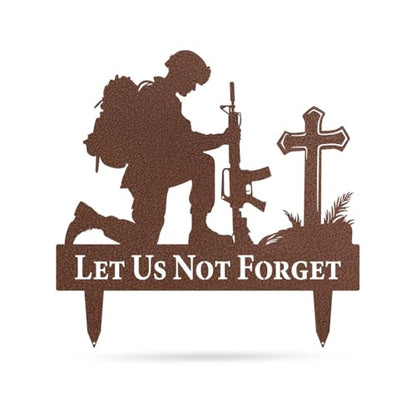RealSteel Let Us Not Forget Fallen Soldier Kneeling at Cross Metal Garden Stake - Memorial Day Military Yard Sign - Handmade in Texas - American Steel - Powder Coated (PV-24) - color: Penny Vein