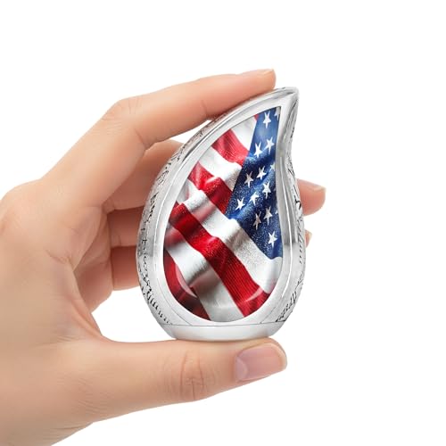 American Flag Teardrop Keepsake Cremation Urn for Human Ashes – Small Patriotic Memorial Burial Urn for Veterans, Men & Women, Aluminum Funeral Urn for Home Display - size: Small Teardrop