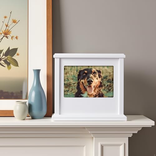Pearhead Pet Wooden Photo Memory Keepsake Box & Urn, Memorial For Dog & Cat Ashes and Mementos, 4 × 6 Picture Insert, Medium, White