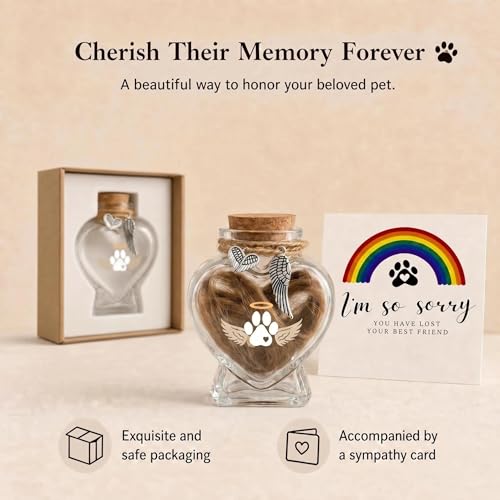 Pet Memorial Bottle for Dog or Cat Hair,Fur Keepsake for Pet Loss | Heart-Shaped Glass Memorial Keepsake for Pet Hair, Cat Memorial Gift with Sympathy Card, Dog Fur Keepsake, Pet Memorial Urn