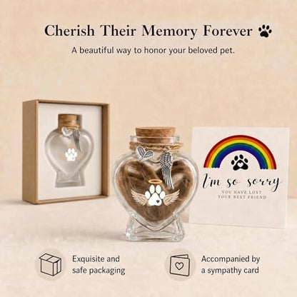 Pet Memorial Bottle for Dog or Cat Hair,Fur Keepsake for Pet Loss | Heart-Shaped Glass Memorial Keepsake for Pet Hair, Cat Memorial Gift with Sympathy Card, Dog Fur Keepsake, Pet Memorial Urn