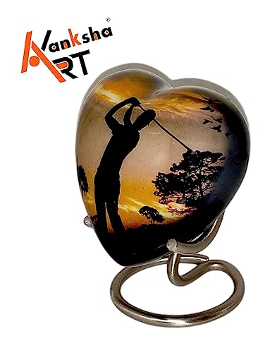 Classic Heart Shape Keepsake Aluminum Urn for Human Ashes – with Box and Stand - Peaceful Golfer Design 7 cms high Handmade Product for Tribute Your Love Once Dimension 7x7x3.5 cms
