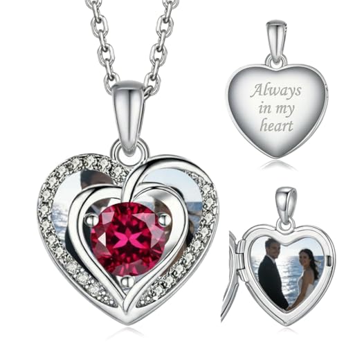 Locket Heart Necklace that Holds Pictures Photo Lockets Birthstone Pendant Anniversary Memorial Jewelry Gifts for Women - color: 07-July-Silver-Heart Locket
