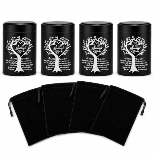 Set of 4 Small Urns for Human Ashes Keepsake, 2.7 Inch Mini Urns for Human Ashes, Aluminum Funeral Memorial Sharing Cremation Urns Set for Men Women with Heart Tree, Black