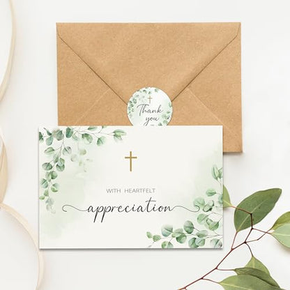 50 Funeral Thank You Cards with Envelopes, Eucalyptus Leaves Design | 4×6In, Sympathy Thank You Cards, Watercolor, Bereavement Thank You Cards,Message Inside for Funeral Family Friends Loved Ones - color: Light Green
