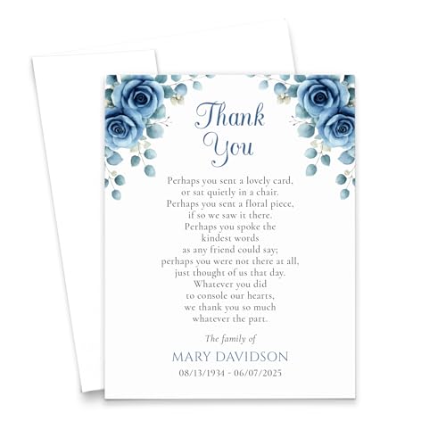 Modern Pink Paper Blue Funeral Thank You Card With Roses, Bereavement Thank You From the Family of Cards With Flowers, Floral Sympathy Notecards With Envelopes, Your Choice of Quantity & Color - color: Blue Roses