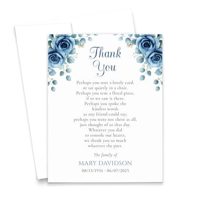 Modern Pink Paper Blue Funeral Thank You Card With Roses, Bereavement Thank You From the Family of Cards With Flowers, Floral Sympathy Notecards With Envelopes, Your Choice of Quantity & Color - color: Blue Roses