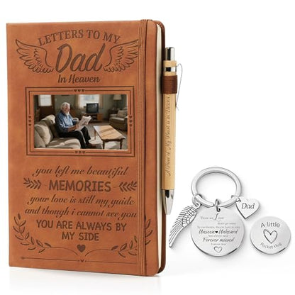 Letters to My Dad in Heaven, Sympathy Memorial Gifts-Leather Grief Journal A5 Notebook and Angel Pocket Hug Keychain, Travel Photo Journal With Pen - color: Dad