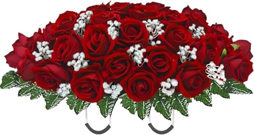 Artificial Roses Cemetery Flowers Outdoor Grave Decorations Saddle Arrangement for Headstone,Tombstone Memorial Decorations,Easy Fit (Red Babysbreath) - color: Red Babysbreath