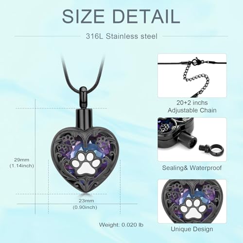 Heart Urn Necklace For Ashes Birthstone Pet Memorial Jewelry Dog Paw Print Cremation Pendant Stainless Steel Keepsake Gift For Pet Lovers - color: Black purple