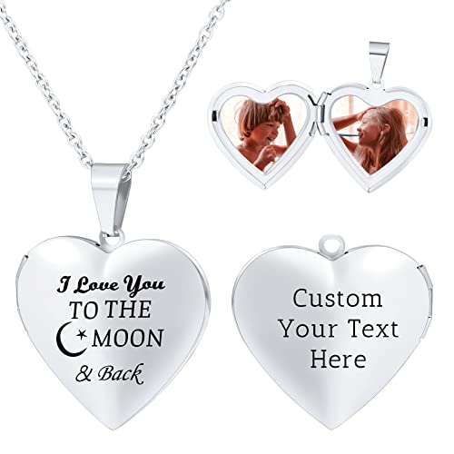 Personalized Heart Locket Necklace for Women with Picture Custom Inside Engraved Text Silver/Gold/Rose Gold Photo Locket Stainless Steel Memorial Gifts for Mom Daughter Grandmother - color: C1: I Love you to the Moon & Back (Silver)