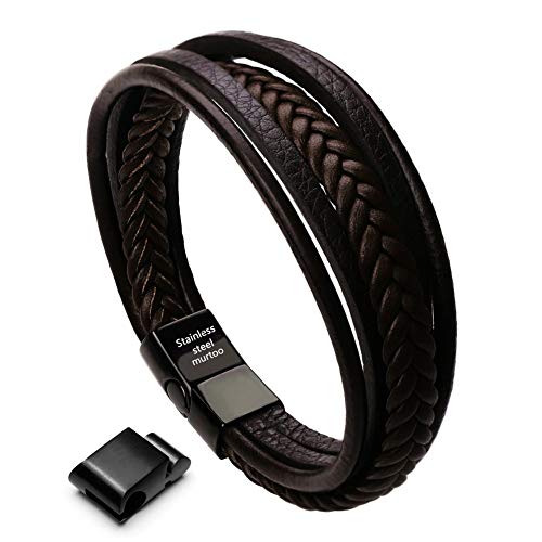 Mens Leather Bracelet with Clasp Cowhide Multi-Layer Braided Leather Mens Bracelet - style: brown leather&black clasp&9.2