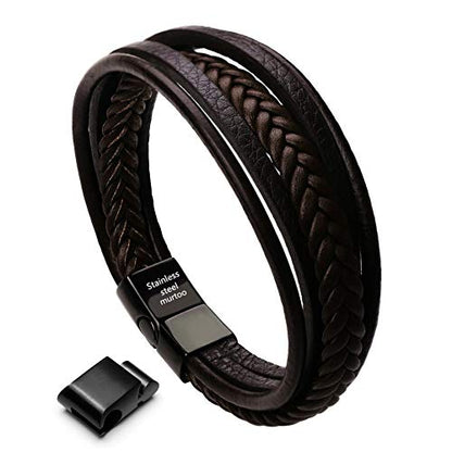 Mens Leather Bracelet with Clasp Cowhide Multi-Layer Braided Leather Mens Bracelet - style: brown leather&black clasp&9.2