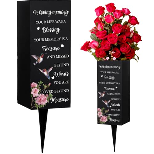 WEBEEDY Hummingbird Flowers Cemetery Vases Metal Grave Vases with Spike, in Loving Memory Grave Ornaments Memorial Vase Sympathy Condolences Gift Memorial Day for Loss of Loved One, 1pc, 3.1x7.9 Inch - color: Hummingbird Flowers