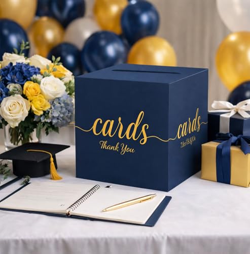 Blue and Gold Card Box for Party Graduation, Baby Bridal Shower, Birthday, Funeral, Wedding 7.8 x 7.8 x 7.8 In Gift Card Holder Box for Reception Raffle Voting Box with Slot - color: BlueGoldTks