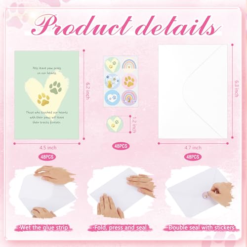 Motiskyy 48 Pack Pet Sympathy Cards for Dogs Cats Loss Sympathy Card Bulk with Envelopes and Stickers Loss of Pet Dog Cat Rainbow Bridge Condolences Gifts (Pastel) - style: Pastel