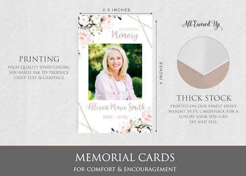 Funeral Memorial Prayer Cards, Pink Floral Blush, Double-Sided, Photo Personalized with Prayer, Poem, Memory Card, Celebration of Life Bereavement Poems, Comfort, Remembrance, Sympathy, Funeral Favors
