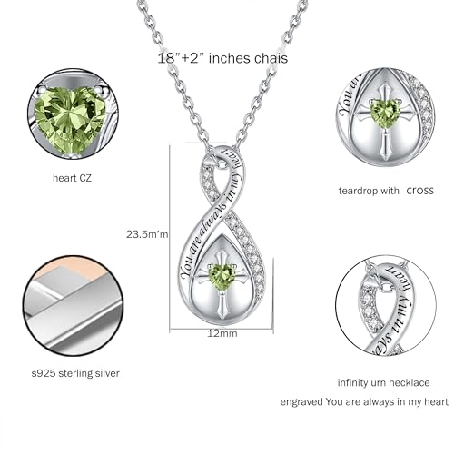 ZOEXUE Infinity Cross Cremation Jewelry - S925 Sterling Silver Cross Urn Necklace for Women - Birthstone Cross with Heart CZ Ashes Keepsake Pendant Memorial Urn Jewelry Gift for A Loss Loved Ones - color: peridot