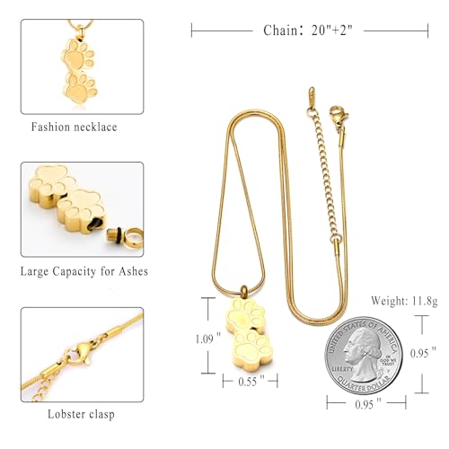 Pet Urns For Dogs/Cats - Pet Ashes Necklace - Paw Print Urn Necklace with Mini Keepsake Urn Memorial Ash Jewelry - color: Gold