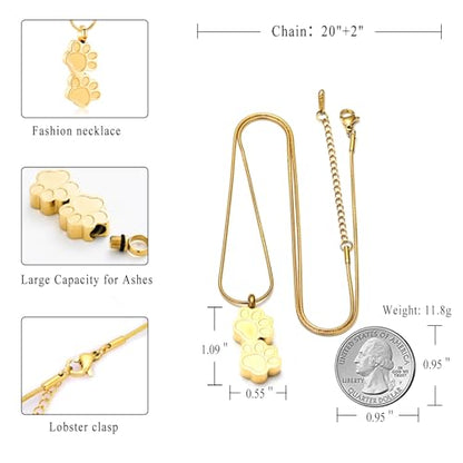 Pet Urns For Dogs/Cats - Pet Ashes Necklace - Paw Print Urn Necklace with Mini Keepsake Urn Memorial Ash Jewelry - color: Gold
