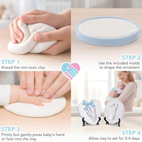 Baby Handprint Ornament Making Kit with Paint Set, Easel & Ribbons, Makes 2 | Easy-to-use air-dry clay kit - makes 2 handprint or footprint keepsakes, grandparents & holidays