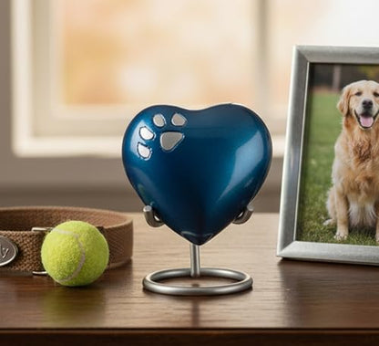 eSplanade Brass Mini Cremation Heart-Shaped Keepsake Memorial Jar Pot Container | Small Urn for Funeral Ashes Burial | Paws Engraved Metal Keepsake with Stand | Dark Blue - 2.75" Inches