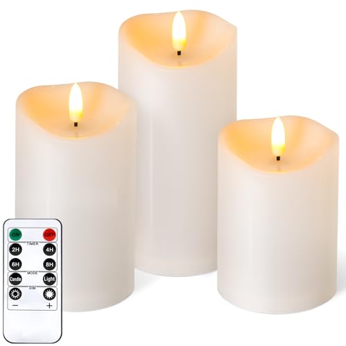 NURADA Outdoor Flameless Candles with Remote Timer - Waterproof Realistic Flickering LED Pillar Electric Battery Operated Fake Candle for Holiday Home Wedding Fireplace Decor - 3 Pack Ivory White - color: Ivory White, size: D3"H4"5"6"