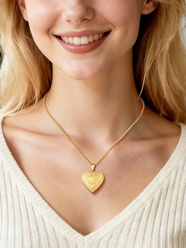 Custom4U Personalized Heart Locket Necklace with Pictures,Sunflower/Angel Wings/Heart Shaped Lockets Custom Photo,Gold/Rose Gold/White Lockets That Holds Picture,Customized Memorial Jewelry for Women - color: B-Heart-Gold(Locket Only)