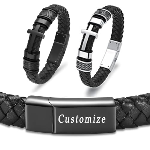 Oinsi Mens Double-Band Black Braided Leather Bangle Bracelets Cremation Jewelry for Ashes Wristband Memorial Urn Bangle with Cross Charm - color: A-Customize-Text