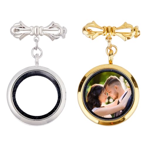 SUPERFINDINGS 2Pcs Wedding Bouquet Photo Charm Bouquet Photo Locket Charms Brass Bridal Brooches Silver Gold Bow Tie Wedding Memorial Brooches Pins Round Glass Photo Frame Pin Brooch for Bridal