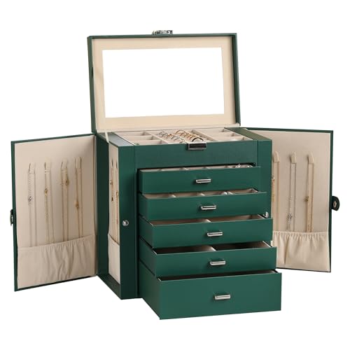 6-Layer Jewelry Box for Women,Large Jewelry Organizer with Drawer | Faux Leather,Built-in Mirror,Spacious Jewelry Storage,16 Necklace Hooks,Organizing by Category for Rings Earrings Bracelet - color: Blackish Green, size: Large