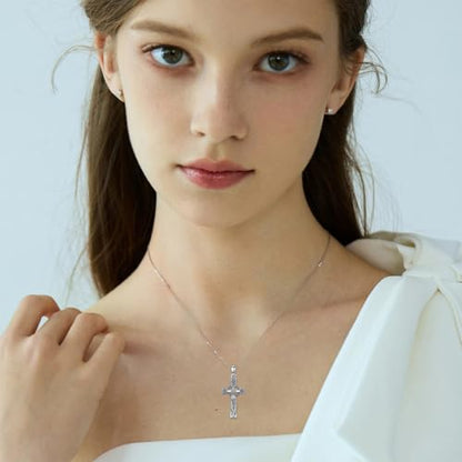 PROESS Cross Necklace for Women Men Sterling Silver Rose/Sunflower Cross Pendant Religious Jewelry Christmas Birthday Mothers' Day Gifts - color: 15-Hand & Heart