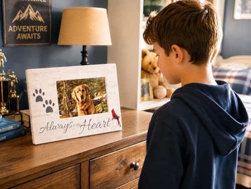 Dog Memorial Picture Frame, Always in My Heart Pet Loss Gift with Cardinal & Paw Print Design, Wood Look 4x6 Photo Frame for Dog or Cat Sympathy, Pet Remembrance Gift, Measures 10 x 7 Inches