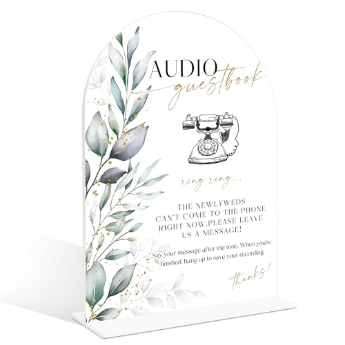 Acrylic Wedding Signs, Greenery Theme Audio Guestbook Sign, Wedding Reception Signage, Bridal Shower Table Decor with Stand, Engagement, Anniversary, Newlywed Events and Parties Supplies, 16 - color: Audio Guestbook Sign, 16