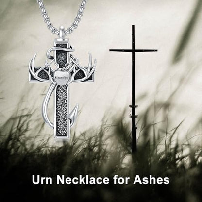 Cross Urn Necklace for Ashes Fish Hook Antler Cremation Pendant 925 Sterling Silver Nail Cross Memorial Jewelry Engraving Name Keepsake Gifts for Men Dad Husband - color: 2-Grandpa, style: 1-No custom