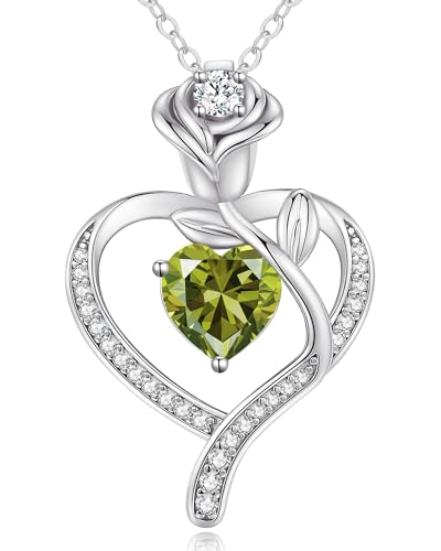 925 Sterling Silver Rose Love Heart Birthstone Necklaces for Women Jewelry | Hypoallergenic Nickel-Free & Lead-Free Pendant,Birthday Anniversary Christmas Gift for Women Wife Mom Girlfriend - color: White Gold-08-Aug