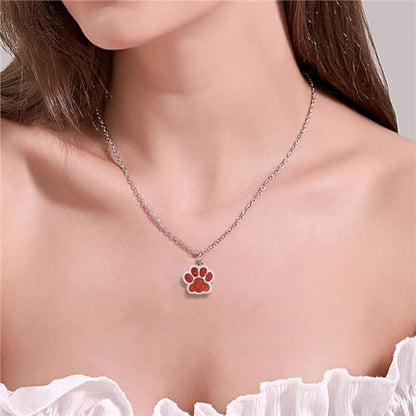 Dreuyet Paw Necklace and Earrings Set for Women Glitter Cute Dog Cat Pet Paw Print Pendant Necklace Earrings Lovely Animal Charm Jewelry Set Gifts - color: Silver Red