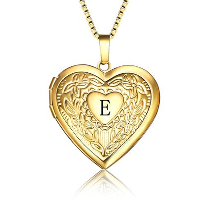 GOKING Love Heart Memory Locket Necklace Holds Pictures for Women - color: Letter E
