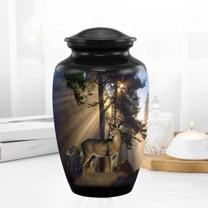 Gone Hunting Deer Cremation Urn with Sunrays – Majestic Buck Memorial Urn for Human Ashes – Handcrafted Full Size Adult Funeral Urn up to 200 lbs with Velvet Bag (Large) - size: Adult
