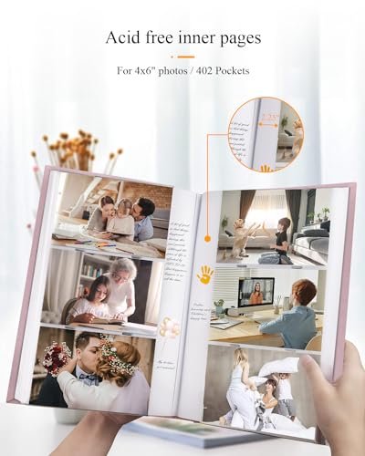 1DOT2 Photo Album for 4x6 Pictures with Writing Space, Pink | Holds 402 Photos,Linen Cover with Front Window, Acid-free Inner Pages, Ideal for Marriage Children Travel Family - color: Pink