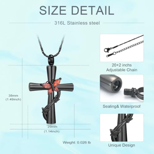 Butterfly Cross Urn Necklace for Ashes Birthstone Cremation Jewelry for Men Women Ashes Pendant Keepsake Memorial Ash Jewelry - color: Black-Red
