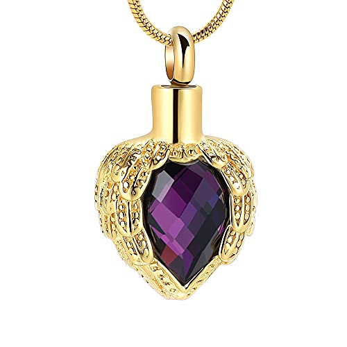 memorial jewelry Gold Angel Wings Glass Heart Urn Pet/Human Cremation Pendant Necklace Jewelry for Ashes - color: Purple