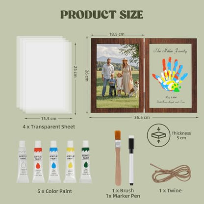 Family Handprint Kit, DIY Baby Hand and Footprint Handmade Keepsake Wooden Frame, Family Gifts with 5 Non-Toxic Baby-Safe Paint, Ideas Gift for New Parents Couple Friends - color: Brown, size: 4 Pages Acrylic Boards