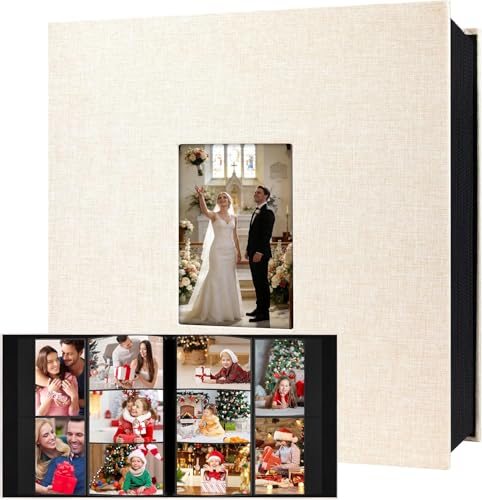 Aevdor Large Capacity 4x6 Photo Album, 1000 Photos, Linen Cover, Beige | Black Inner Pages, 3 Horizontal and 2 Vertical Pockets per Side, Front Photo Window, Family, Wedding & Travel Memories - color: Beige