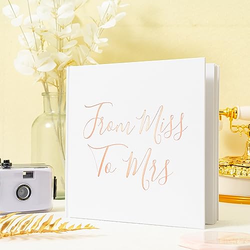 Calculs Bridal Shower Guest Book from Miss to Mrs Picture Book Polaroid Blank Pages for Instant Film Rose Gold Bachelorette Party Sign in Book 8.5” Square White Cover Rose Gold Foil Stamping - style: Art Deco