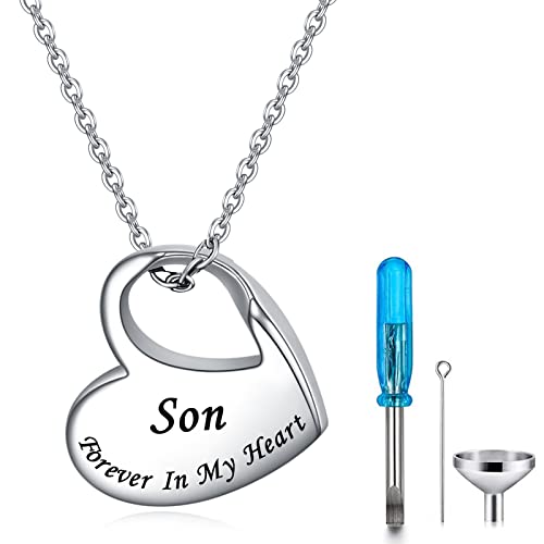 Heart Urn Necklace for Ashes Cremation Jewelry Forever in My Heart Engraved Stainless Steel Keepsake Waterproof Memorial Pendant for loved One with Filling Kit - color: Son